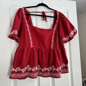 Old Navy Red Blouse with White Embroidery